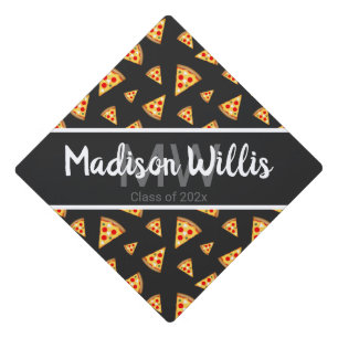 Cool pizza slices dark grey pattern Monogram Graduation Cap Topper