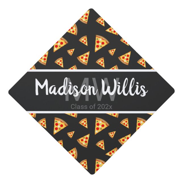 Cool pizza slices dark grey pattern Monogram Graduation Cap Topper (Front)