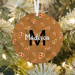 Cool pizza slices vintage brown pattern Monogram Metal Ornament