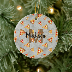 Cool pizza slices vintage grey pattern Monogram Ceramic Ornament