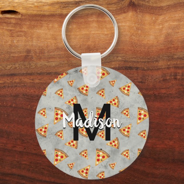 Cool pizza slices vintage grey pattern Monogram Keychain (Front)