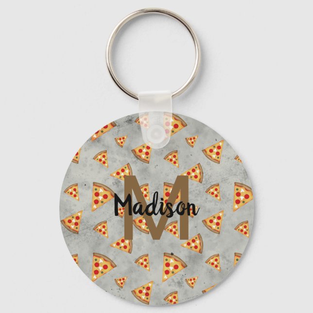 Cool pizza slices vintage grey pattern Monogram Keychain (Front)
