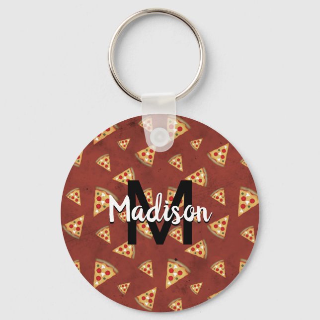 Cool pizza slices vintage red pattern Monogram Keychain (Front)