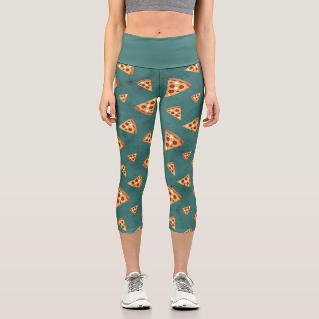 Cool pizza slices vintage teal pattern capri leggings (Front)