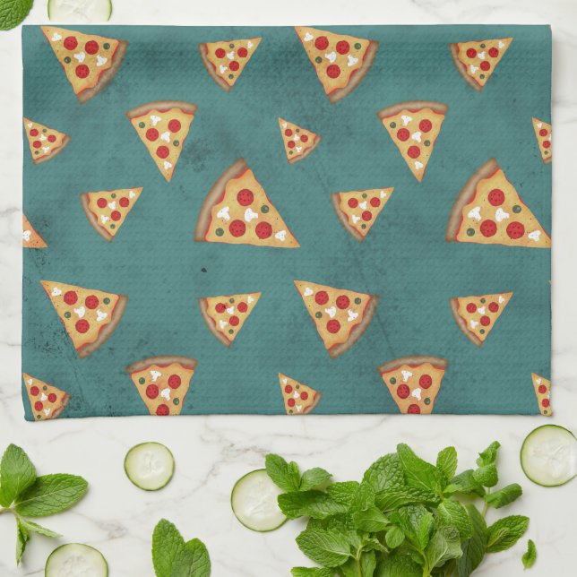 Cool pizza slices vintage teal pattern kitchen towel (Folded)