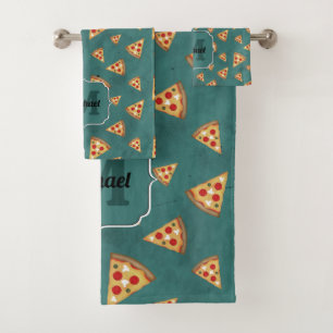 Cool pizza slices vintage teal pattern Monogram Bath Towel Set