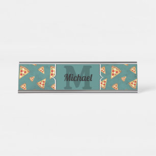 Cool pizza slices vintage teal pattern Monogram Desk Name Plate
