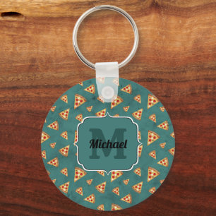 Cool pizza slices vintage teal pattern Monogram Keychain