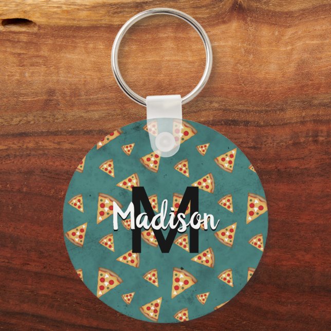 Cool pizza slices vintage teal pattern Monogram Keychain (Front)