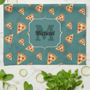 Cool pizza slices vintage teal pattern Monogram Kitchen Towel