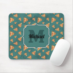 Cool pizza slices vintage teal pattern Monogram Mouse Pad