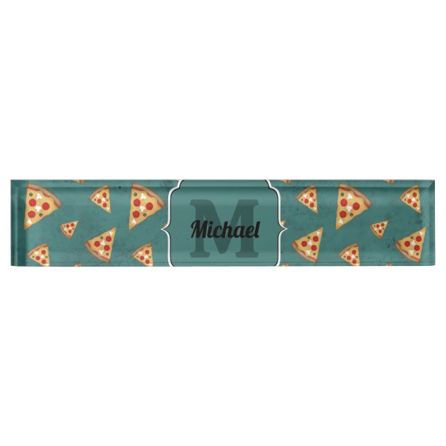 Cool pizza slices vintage teal pattern Monogram Nameplate (Front)