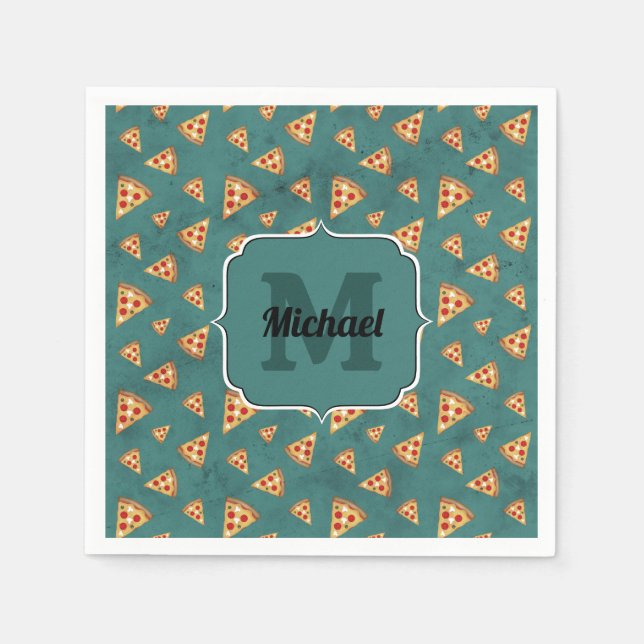 Cool pizza slices vintage teal pattern Monogram Napkin (Front)