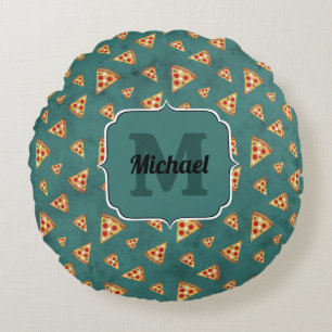 Cool pizza slices vintage teal pattern Monogram Round Pillow