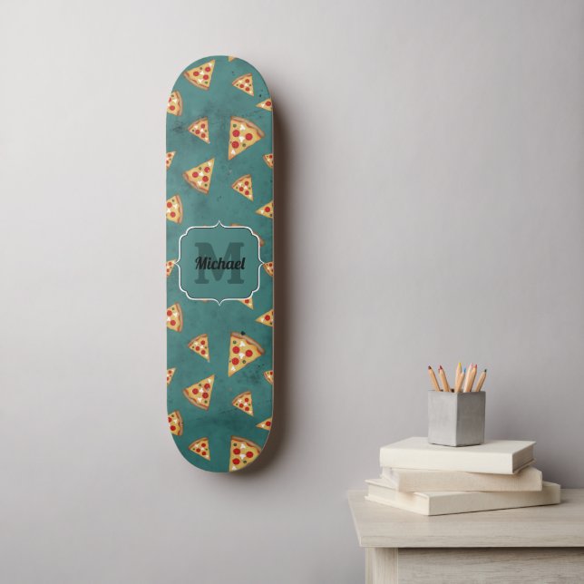 Cool pizza slices vintage teal pattern Monogram Skateboard (Wall Art)