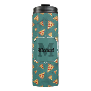 Cool pizza slices vintage teal pattern Monogram Thermal Tumbler