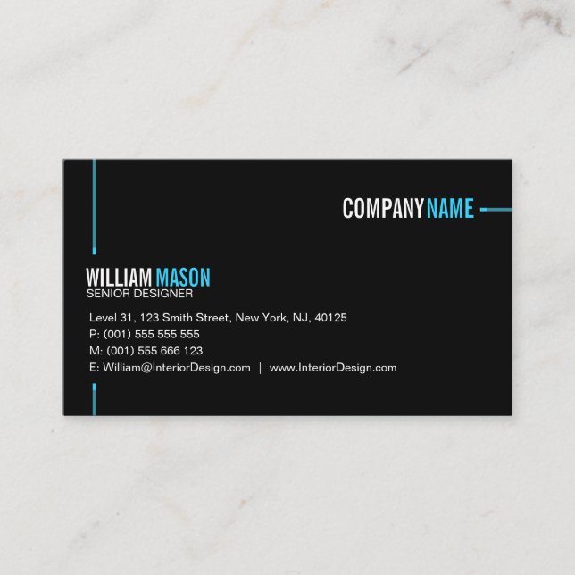 Cool Plain Black and Blue Modern Business Card (Front)