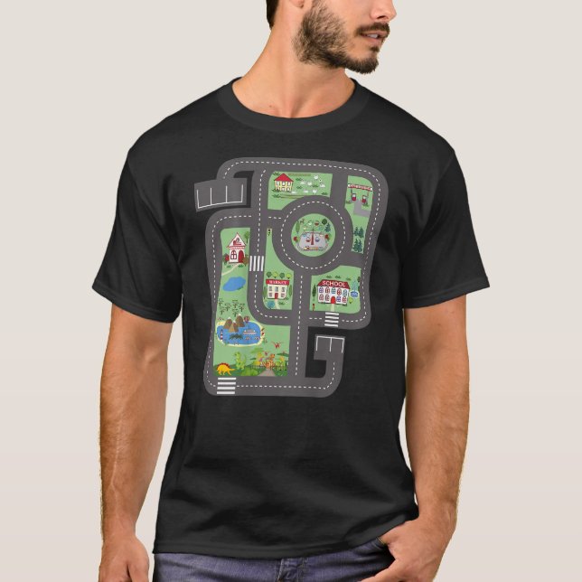 Cool Play Mat Race Car Track On Dad with Dinosaurs T-Shirt (Front)