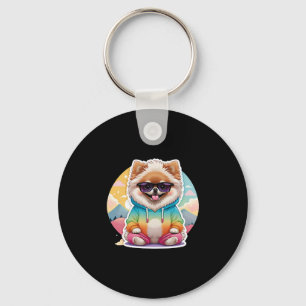 Cool Pomeranian in Rainbow Hoodie Keychain
