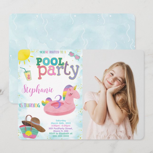 Cool Pool Birthday Photo Invitation (Front/Back)