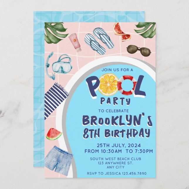 Cool Pool Party Birthday Invitation (Front/Back)