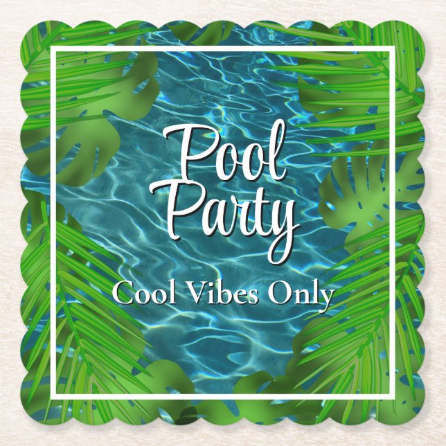 Cool Pool Party palm leaves  Paper Coaster (Front)