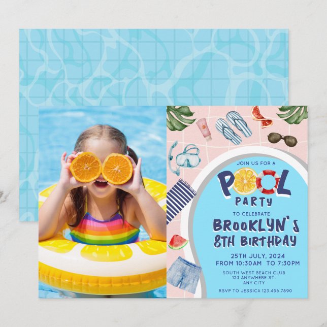 Cool Pool Party Photo Birthday Invitation (Front/Back)
