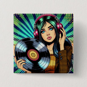 Cool Pop Art Comic Style Girl with Vinyl Album 2 Inch Square Button