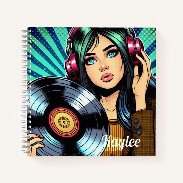 Cool Pop Art Comic Style Girl with Vinyl Album Notebook (Front)