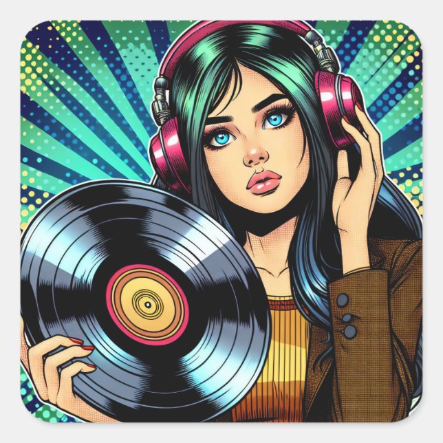 Cool Pop Art Comic Style Girl with Vinyl Album Square Sticker (Front)