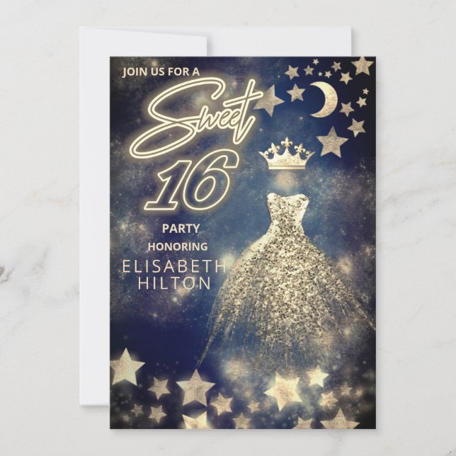 Cool princess Gold Sequins dress moon stars  blue Invitation (Front)