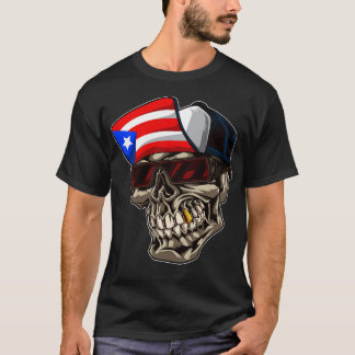 Cool Puerto Rico Skull With Cap and Boricua Flag T-Shirt