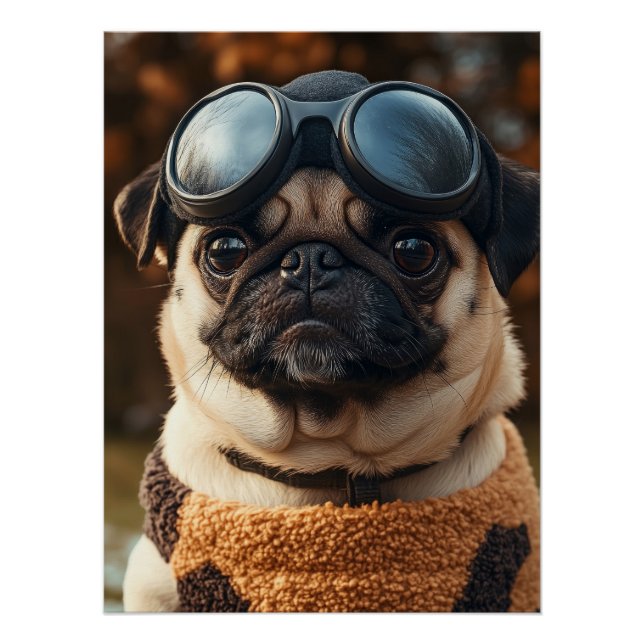 Cool Pug Dog with Aviator Goggles & Cozy Sweater Poster (Front)