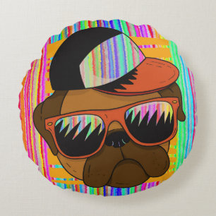 Cool Pug Sunglasses Head Design Round Pillow