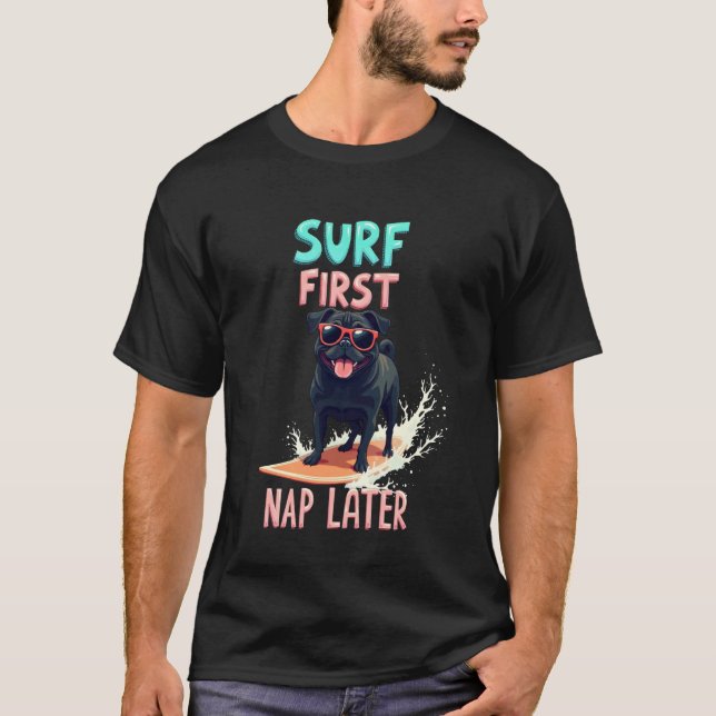 Cool Pug Surfing Dog T-Shirt (Front)