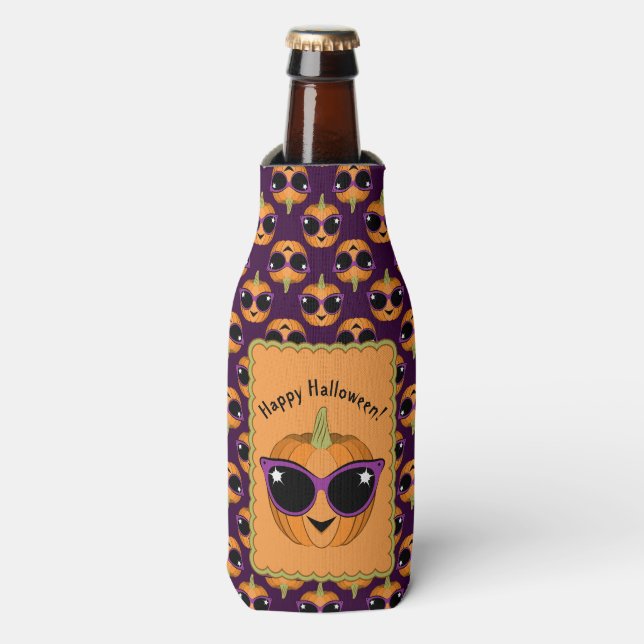 Cool Pumpkin Wearing Retro Cat Sunglasses Pattern Bottle Cooler (Bottle Front)