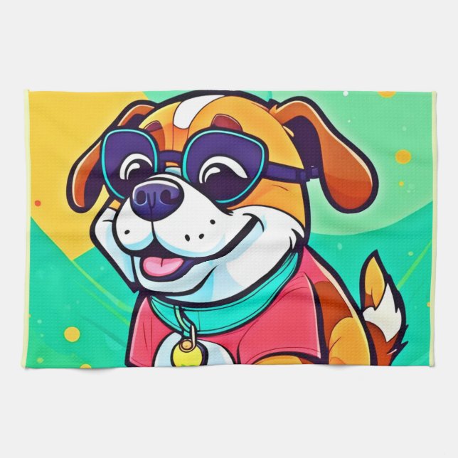Cool Pup Cartoon Style Artwork Kitchen Towel (Horizontal)