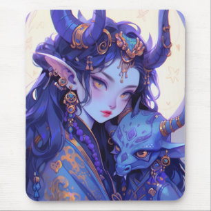 Cool Purple and Gold Horned Elf Anime Girl Mouse Pad