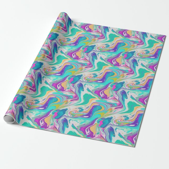 Cool Purple Blue White Marble Paint Mix Pattern Wrapping Paper (Unrolled)