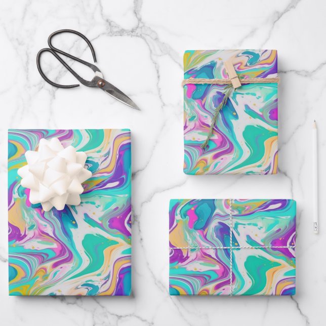 Cool Purple Blue White Marble Paint Mix Pattern Wrapping Paper Sheet (Front)