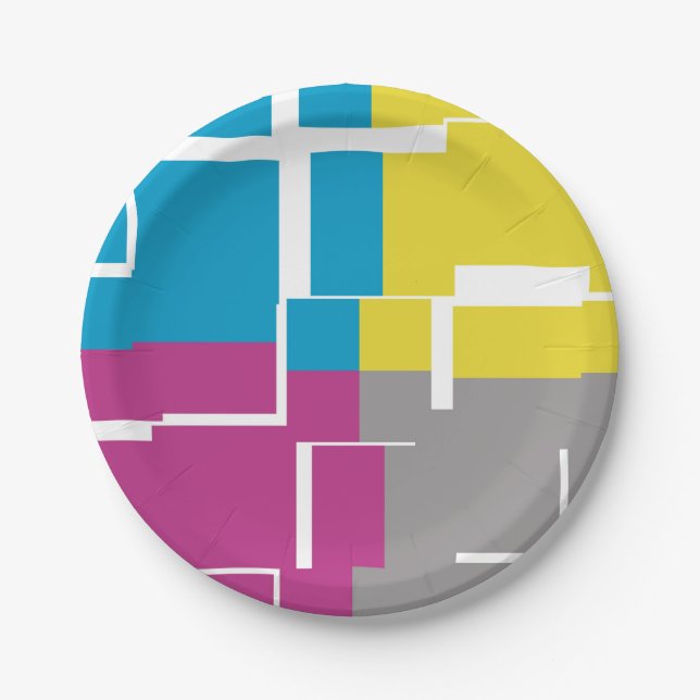COOL Purple Blue Yellow Grey Pattern Paper Plate (Front)