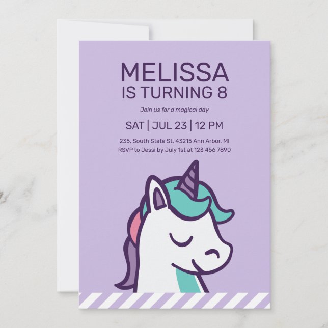 Cool Purple Unicorn Girl Birthday Invitation (Front)