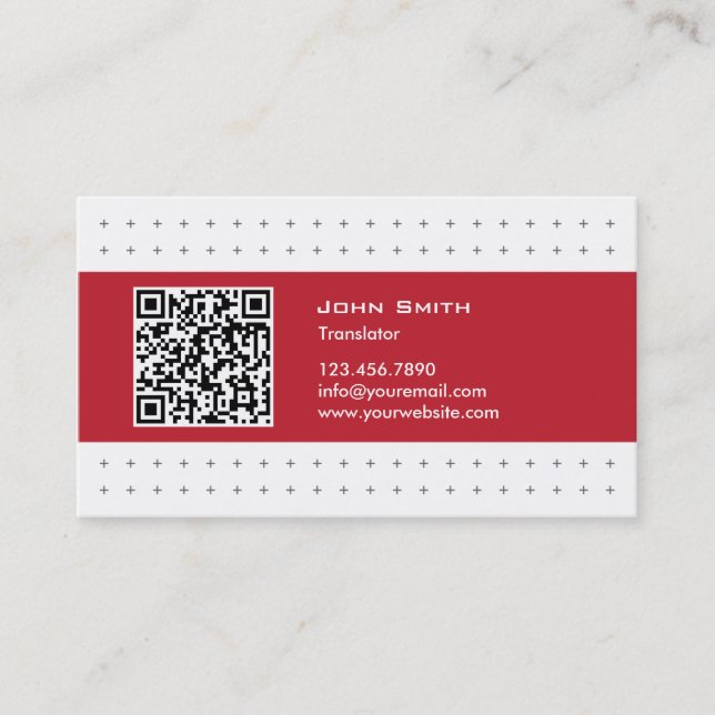 Cool QR Code Red Label Translator Business Card (Front)