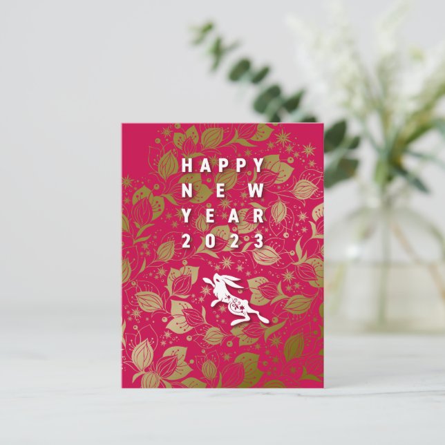 Cool Rabbit and Flower New Year's Postcard ~RedBas (Standing Front)
