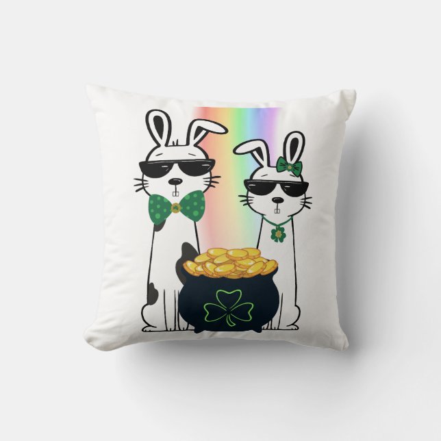 Cool Rabbits and Pot of Gold Throw Pillow (Front)