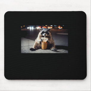 Cool raccoon drinking iced coffee at night funny mouse pad