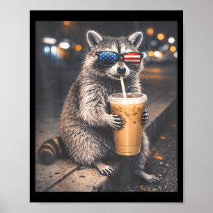 Cool raccoon drinking iced coffee funny animal mem poster