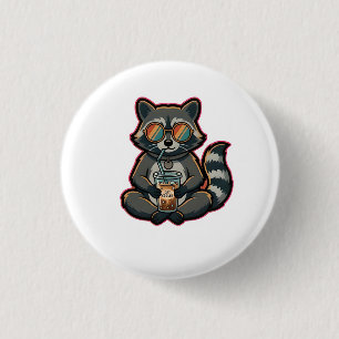 Cool Raccoon Drinking Oat Milk Iced Coffee 1 Inch Round Button