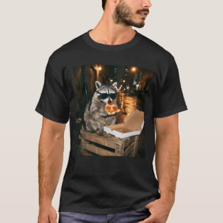Cool Raccoon Eating Pizza Night City Illustration T-Shirt