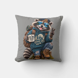 Cool Raccoon Hiker Good Vibes Adventure Throw Pillow